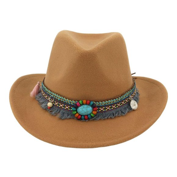 Light Brown Western Cowboy, Cowgirl Hat, Bead Tassle Strap, Men‎ Women Wide Brim